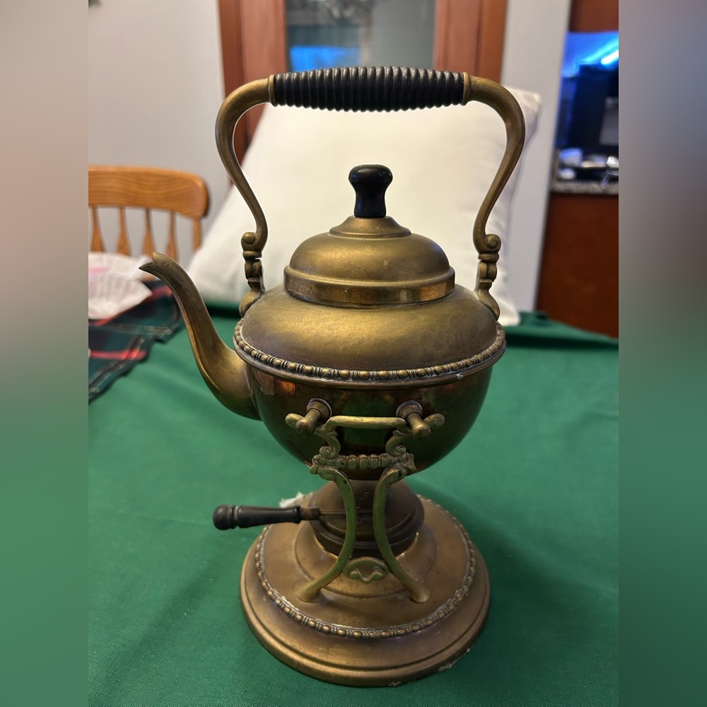 Brass tilting tea pot/spirit kettle with stand and burner vintage early 1900s